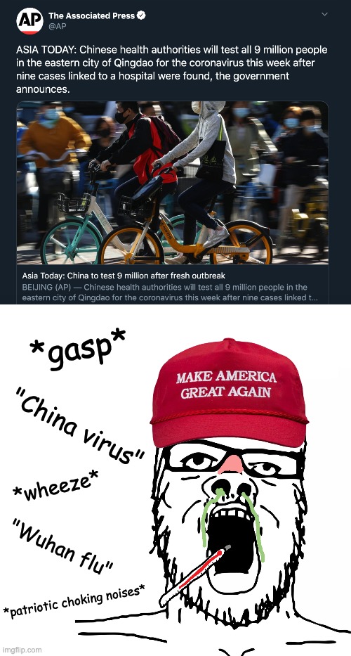 Meanwhile there are more cases in the Whitehouse than the entirety of Vietnam. | *gasp*; "China virus"; *wheeze*; "Wuhan flu"; *patriotic choking noises* | image tagged in covid-19,donald trump,china,china virus | made w/ Imgflip meme maker