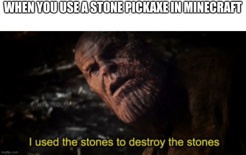 I used the stones to destroy the stones | WHEN YOU USE A STONE PICKAXE IN MINECRAFT | image tagged in i used the stones to destroy the stones | made w/ Imgflip meme maker
