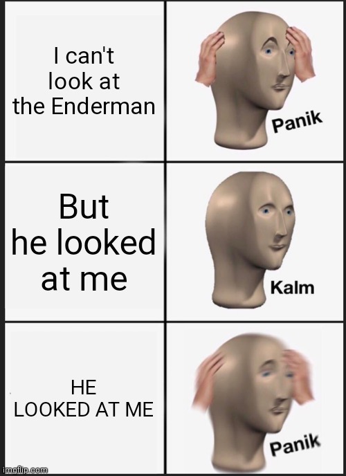 who else knows what I'm talking about? | I can't look at the Enderman; But he looked at me; HE LOOKED AT ME | image tagged in memes,panik kalm panik,minecraft,relatable | made w/ Imgflip meme maker