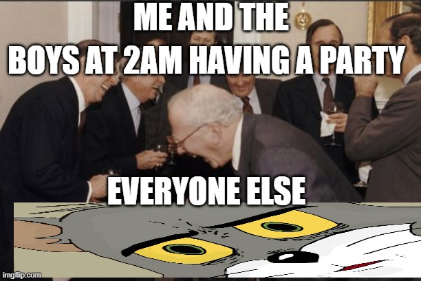 Laughing Men In Suits | ME AND THE; BOYS AT 2AM HAVING A PARTY; EVERYONE ELSE | image tagged in memes,laughing men in suits | made w/ Imgflip meme maker