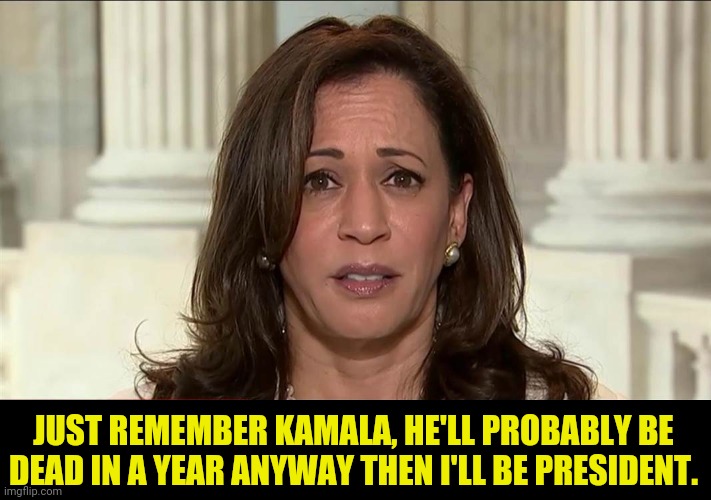 kamala harris | JUST REMEMBER KAMALA, HE'LL PROBABLY BE DEAD IN A YEAR ANYWAY THEN I'LL BE PRESIDENT. | image tagged in kamala harris | made w/ Imgflip meme maker