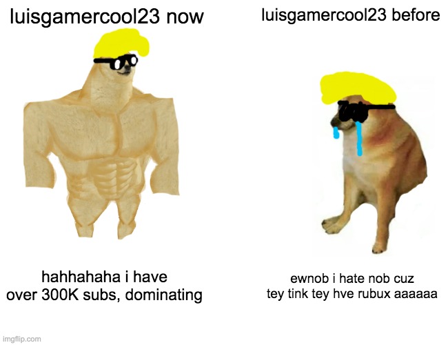 Buff Doge vs. Cheems | luisgamercool23 now; luisgamercool23 before; hahhahaha i have over 300K subs, dominating; ewnob i hate nob cuz tey tink tey hve rubux aaaaaa | image tagged in memes,buff doge vs cheems | made w/ Imgflip meme maker