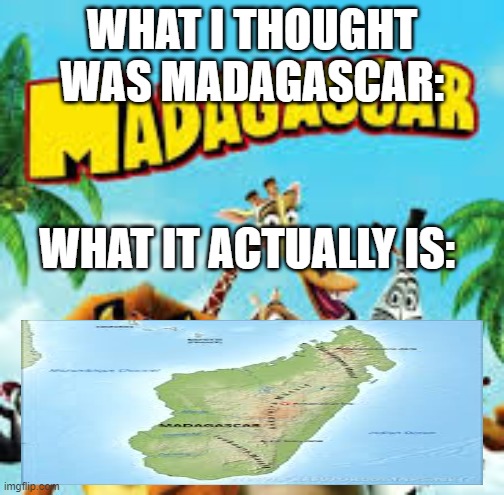 I hve to study geography more. | WHAT I THOUGHT WAS MADAGASCAR:; WHAT IT ACTUALLY IS: | image tagged in madagascar | made w/ Imgflip meme maker