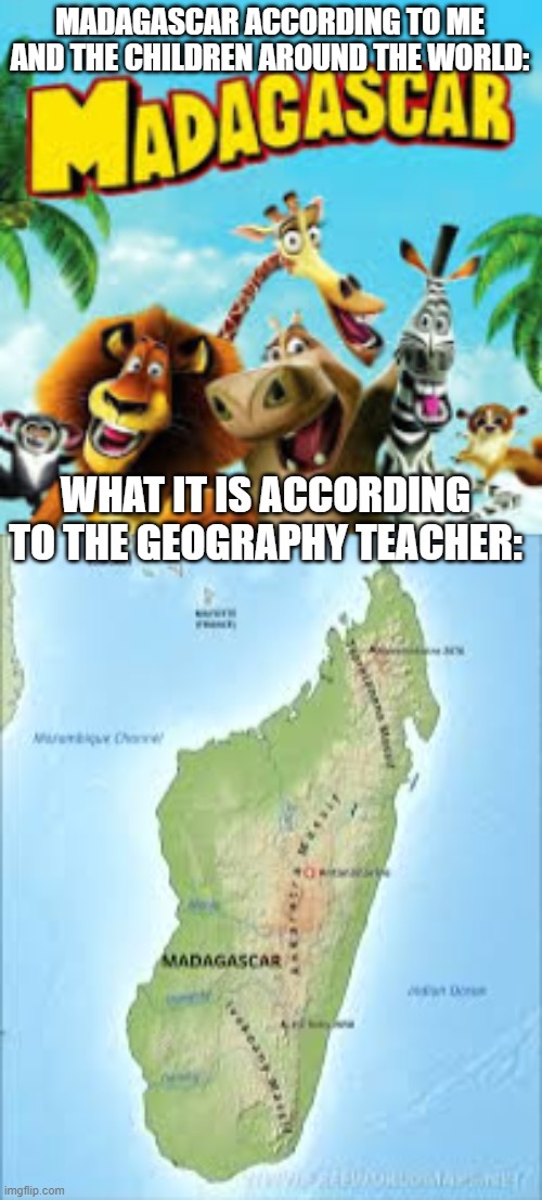 Madagascar geo. | MADAGASCAR ACCORDING TO ME AND THE CHILDREN AROUND THE WORLD:; WHAT IT IS ACCORDING TO THE GEOGRAPHY TEACHER: | image tagged in madagascar | made w/ Imgflip meme maker