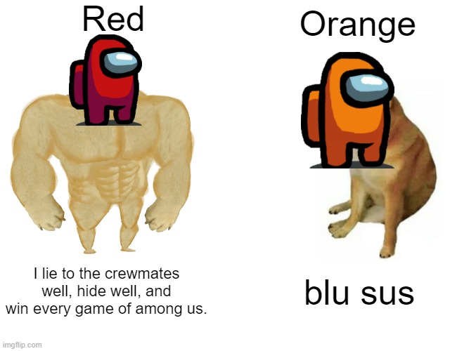 Buff Doge vs. Cheems Meme | Red; Orange; I lie to the crewmates well, hide well, and win every game of among us. blu sus | image tagged in memes,buff doge vs cheems | made w/ Imgflip meme maker