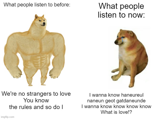 1900s music vs K-pop | What people listen to before:; What people listen to now:; We're no strangers to love
You know the rules and so do I; I wanna know haneureul naneun geot gatdaneunde
I wanna know know know know
What is love!? | image tagged in memes,buff doge vs cheems | made w/ Imgflip meme maker