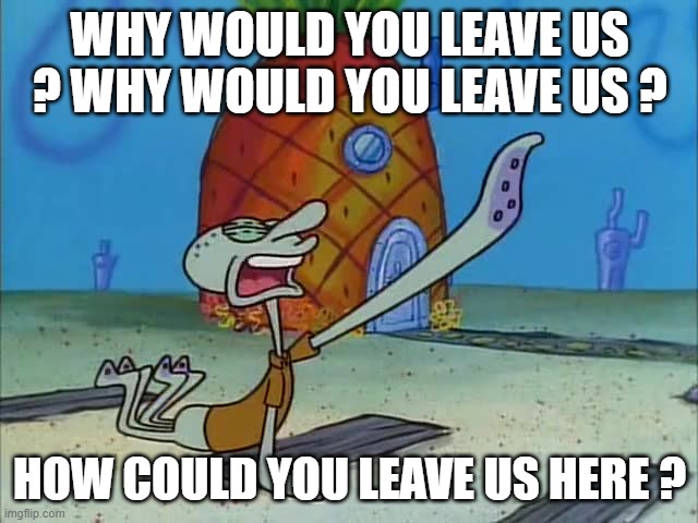 rap lyrics-meme that makes me cry, part 2 | WHY WOULD YOU LEAVE US ? WHY WOULD YOU LEAVE US ? HOW COULD YOU LEAVE US HERE ? | image tagged in don't leave me here,memes,rap lyrics-meme,nf,how could you leave us | made w/ Imgflip meme maker