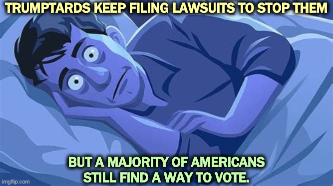 Voter suppression is the only way Republicans can win elections. | TRUMPTARDS KEEP FILING LAWSUITS TO STOP THEM; BUT A MAJORITY OF AMERICANS STILL FIND A WAY TO VOTE. | image tagged in gop,republicans,voters,lawsuit | made w/ Imgflip meme maker