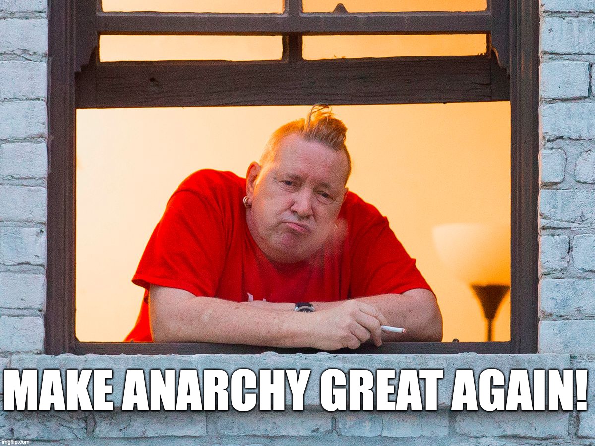 Anarcho Capitalist | MAKE ANARCHY GREAT AGAIN! | image tagged in johnny rotten,john lydon,maga | made w/ Imgflip meme maker