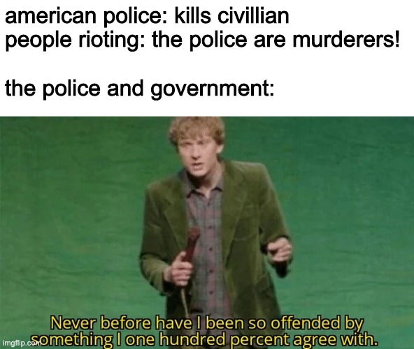 polis | american police: kills civillian
people rioting: the police are murderers!
 
the police and government: | image tagged in never have i been so offended,usa | made w/ Imgflip meme maker