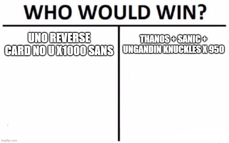 Who Would Win? | UNO REVERSE CARD NO U X1000 SANS; THANOS + SANIC + UNGANDIN KNUCKLES X 950 | image tagged in memes,who would win | made w/ Imgflip meme maker