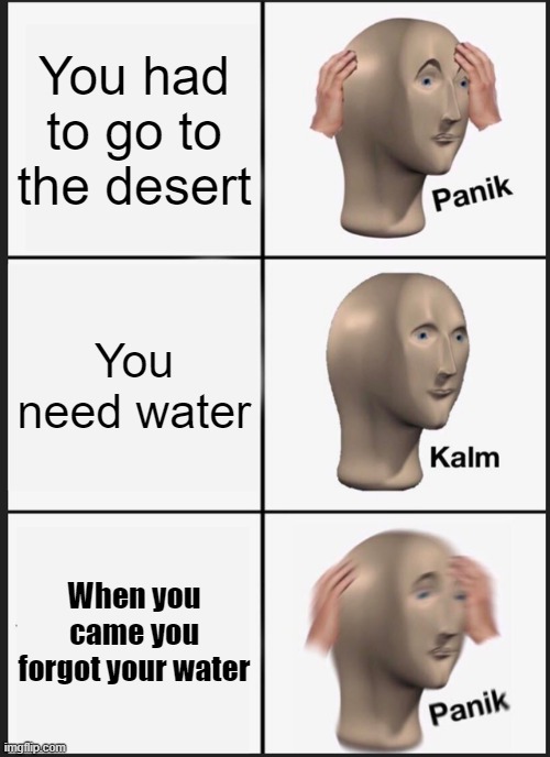 Panik Kalm Panik | You had to go to the desert; You need water; When you came you forgot your water | image tagged in memes,panik kalm panik | made w/ Imgflip meme maker