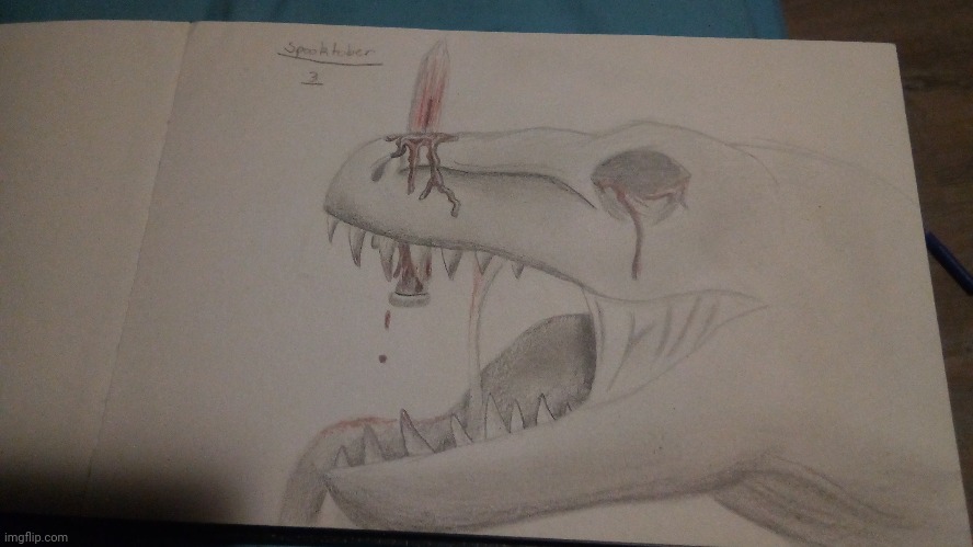 Lazy, but spooktober drawing for Tuesday 13th: Dragon with sword in mouth | image tagged in spooktober drawing | made w/ Imgflip meme maker