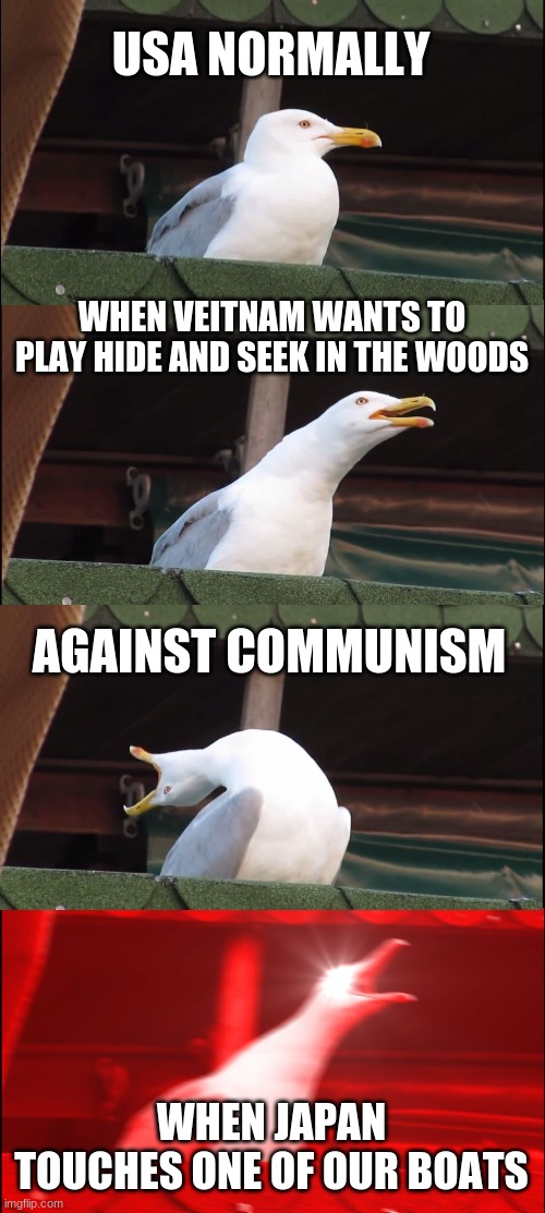 Inhaling Seagull Meme | USA NORMALLY; WHEN VEITNAM WANTS TO PLAY HIDE AND SEEK IN THE WOODS; AGAINST COMMUNISM; WHEN JAPAN TOUCHES ONE OF OUR BOATS | image tagged in memes,inhaling seagull | made w/ Imgflip meme maker