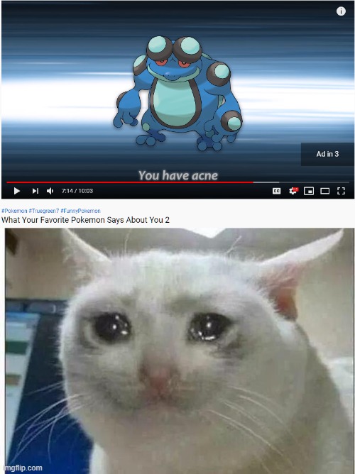 oh wow i have acne now | image tagged in crying cat,pokemon | made w/ Imgflip meme maker