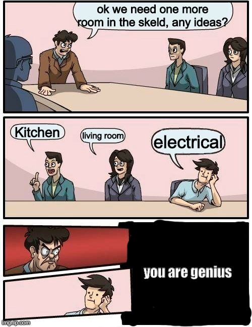 i hat u | ok we need one more room in the skeld, any ideas? Kitchen; living room; electrical; you are genius | image tagged in memes,boardroom meeting suggestion | made w/ Imgflip meme maker