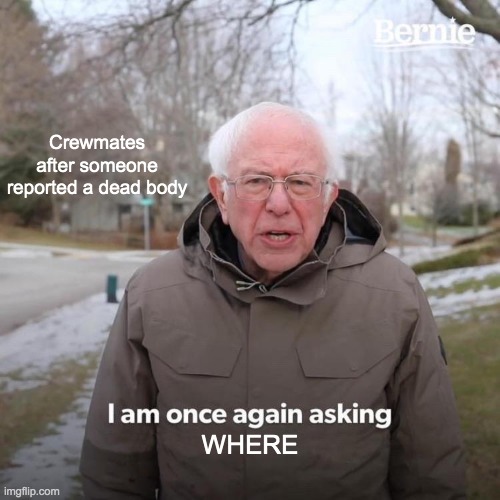 Another among us meme | Crewmates after someone reported a dead body; WHERE | image tagged in bernie i am once again asking for your support,among us | made w/ Imgflip meme maker
