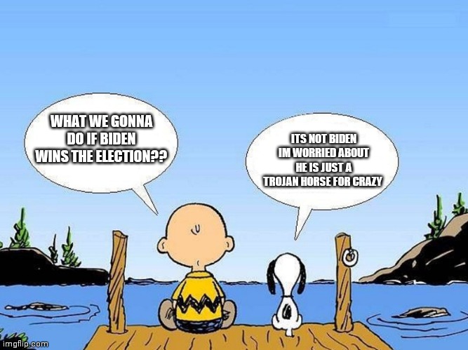 Snoopy  | ITS NOT BIDEN IM WORRIED ABOUT HE IS JUST A TROJAN HORSE FOR CRAZY; WHAT WE GONNA DO IF BIDEN WINS THE ELECTION?? | image tagged in snoopy | made w/ Imgflip meme maker