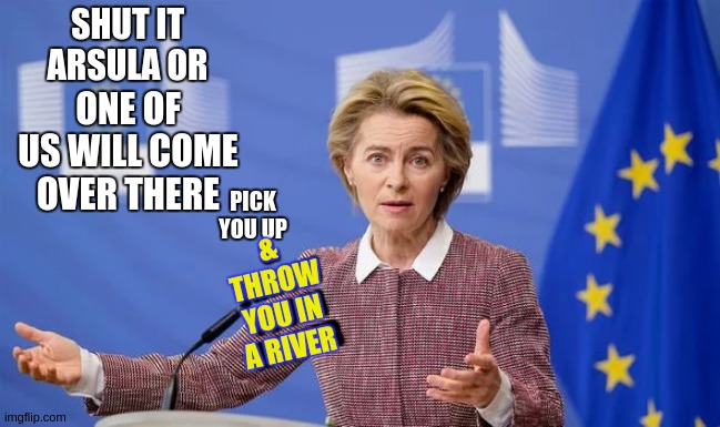 SHUT IT ARSULA OR; ONE OF US WILL COME OVER THERE; PICK YOU UP; & THROW YOU IN A RIVER; & THROW YOU IN A RIVER | image tagged in european union,angela merkel,emmanuel macron,copy,parliament | made w/ Imgflip meme maker