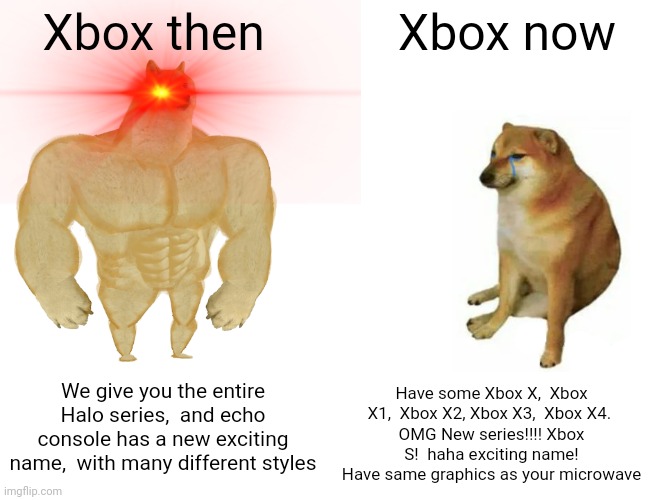 Haha have some graphica the same as the last one! | Xbox then; Xbox now; We give you the entire Halo series,  and echo console has a new exciting name,  with many different styles; Have some Xbox X,  Xbox X1,  Xbox X2, Xbox X3,  Xbox X4. 
OMG New series!!!! Xbox S!  haha exciting name! Have same graphics as your microwave | image tagged in memes,buff doge vs cheems | made w/ Imgflip meme maker