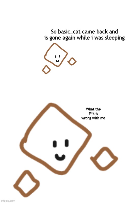 He said he will probably come back. But im kinda disapointed that i couldn't say hi to him- | So basic_cat came back and is gone again while i was sleeping; What the f**k is wrong with me | made w/ Imgflip meme maker