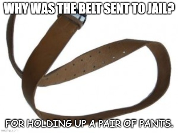 Daily Bad Dad Joke Oct 13 2020 | WHY WAS THE BELT SENT TO JAIL? FOR HOLDING UP A PAIR OF PANTS. | image tagged in belt | made w/ Imgflip meme maker