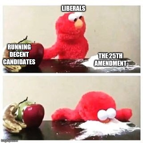 it ain't being considered for The Donald | LIBERALS; THE 25TH AMENDMENT; RUNNING DECENT CANDIDATES | image tagged in elmo cocaine,liberals,joe biden,kamala harris | made w/ Imgflip meme maker