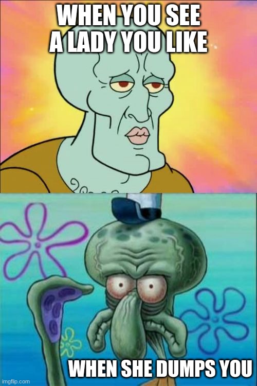 dump | WHEN YOU SEE A LADY YOU LIKE; WHEN SHE DUMPS YOU | image tagged in memes,squidward | made w/ Imgflip meme maker