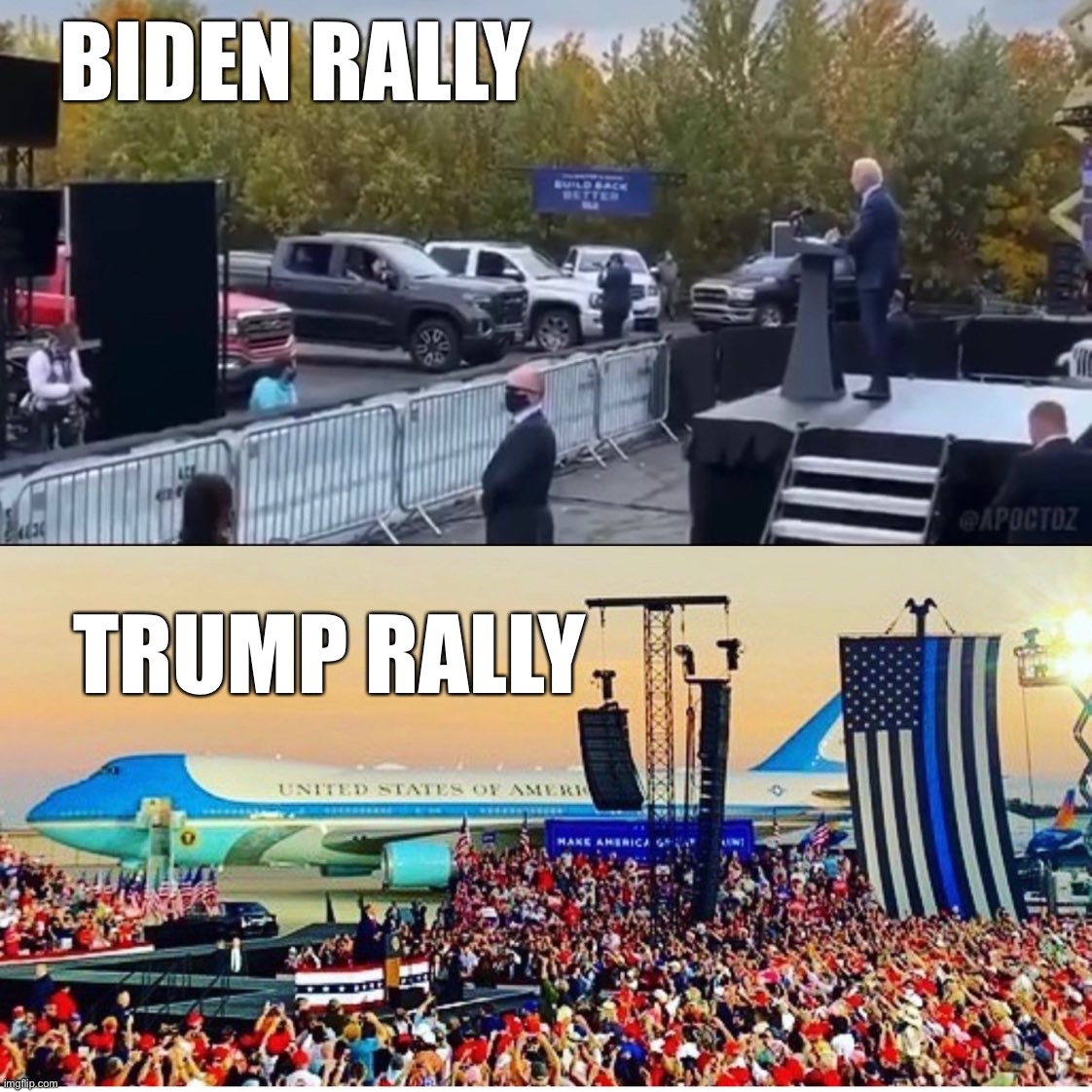 Trump 2020 landslide in 21 days. | BIDEN RALLY; TRUMP RALLY | image tagged in maga | made w/ Imgflip meme maker