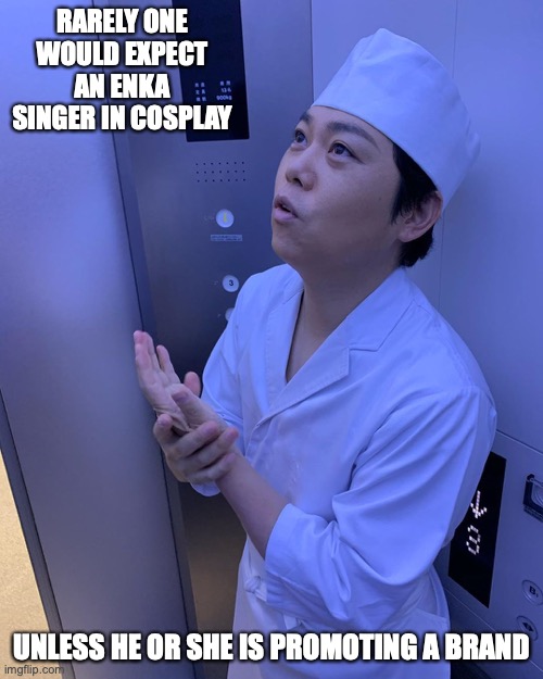 Miyama in Chef Attire | RARELY ONE WOULD EXPECT AN ENKA SINGER IN COSPLAY; UNLESS HE OR SHE IS PROMOTING A BRAND | image tagged in enka,memes | made w/ Imgflip meme maker