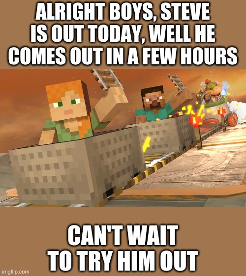 who else is buying him? | ALRIGHT BOYS, STEVE IS OUT TODAY, WELL HE COMES OUT IN A FEW HOURS; CAN'T WAIT TO TRY HIM OUT | image tagged in minecraft,minecraft steve,super smash bros,dlc | made w/ Imgflip meme maker