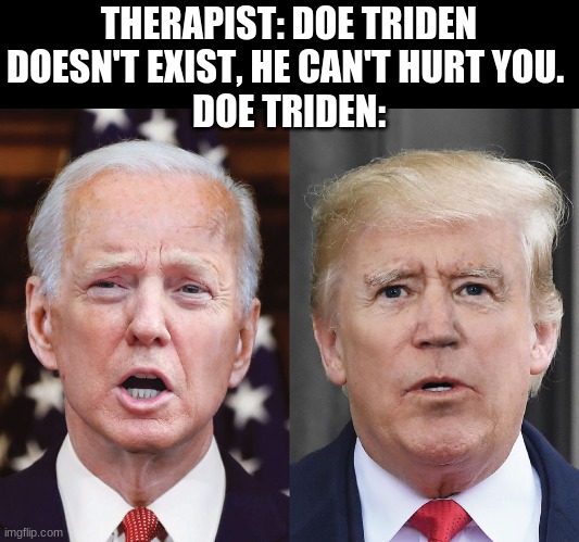 oh no no no | THERAPIST: DOE TRIDEN DOESN'T EXIST, HE CAN'T HURT YOU. 
DOE TRIDEN: | image tagged in joe biden,donald trump,funny,therapist | made w/ Imgflip meme maker