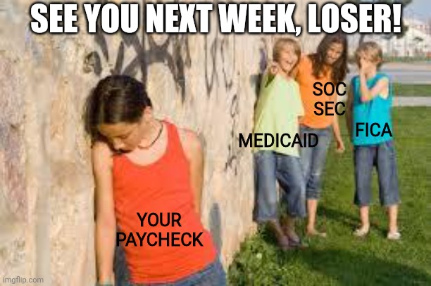 every.  week. |  SEE YOU NEXT WEEK, LOSER! SOC
SEC; MEDICAID; FICA; YOUR PAYCHECK | image tagged in bullying,income taxes | made w/ Imgflip meme maker