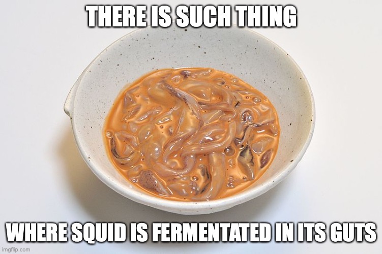 Shiokara | THERE IS SUCH THING; WHERE SQUID IS FERMENTATED IN ITS GUTS | image tagged in squid,memes,food | made w/ Imgflip meme maker