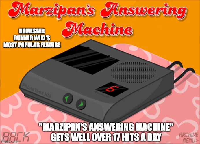 Marzipan's Answering Machine | HOMESTAR RUNNER WIKI'S MOST POPULAR FEATURE; "MARZIPAN'S ANSWERING MACHINE" GETS WELL OVER 17 HITS A DAY | image tagged in homestar runner,memes | made w/ Imgflip meme maker