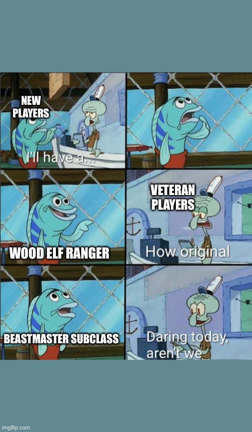 How Original | NEW PLAYERS; VETERAN PLAYERS; WOOD ELF RANGER; BEASTMASTER SUBCLASS | image tagged in how original,dnd,rpg,tabletop,fantasy,basic | made w/ Imgflip meme maker