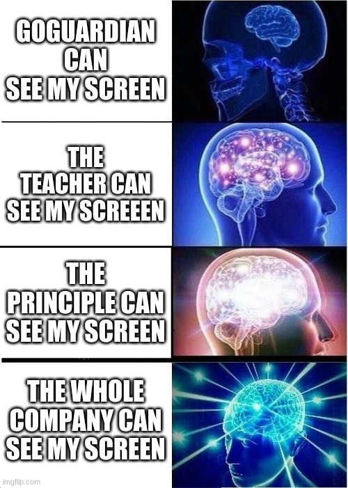 the security of my school computer | GOGUARDIAN CAN SEE MY SCREEN; THE TEACHER CAN SEE MY SCREEEN; THE PRINCIPLE CAN SEE MY SCREEN; THE WHOLE COMPANY CAN SEE MY SCREEN | image tagged in memes,expanding brain | made w/ Imgflip meme maker