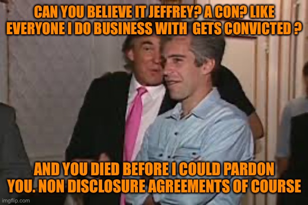 CAN YOU BELIEVE IT JEFFREY? A CON? LIKE EVERYONE I DO BUSINESS WITH  GETS CONVICTED ? AND YOU DIED BEFORE I COULD PARDON YOU. NON DISCLOSURE | made w/ Imgflip meme maker