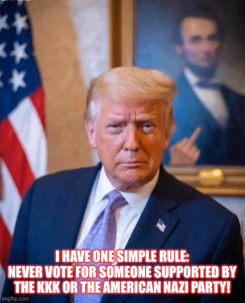 Vote Blue 2020 | I HAVE ONE SIMPLE RULE:
NEVER VOTE FOR SOMEONE SUPPORTED BY
THE KKK OR THE AMERICAN NAZI PARTY! | image tagged in donald trump,deplorable donald,con man,abraham lincoln,flipping the bird,racist | made w/ Imgflip meme maker