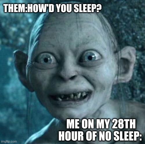no sleep | THEM:HOW'D YOU SLEEP? ME ON MY 28TH HOUR OF NO SLEEP: | image tagged in memes,gollum | made w/ Imgflip meme maker