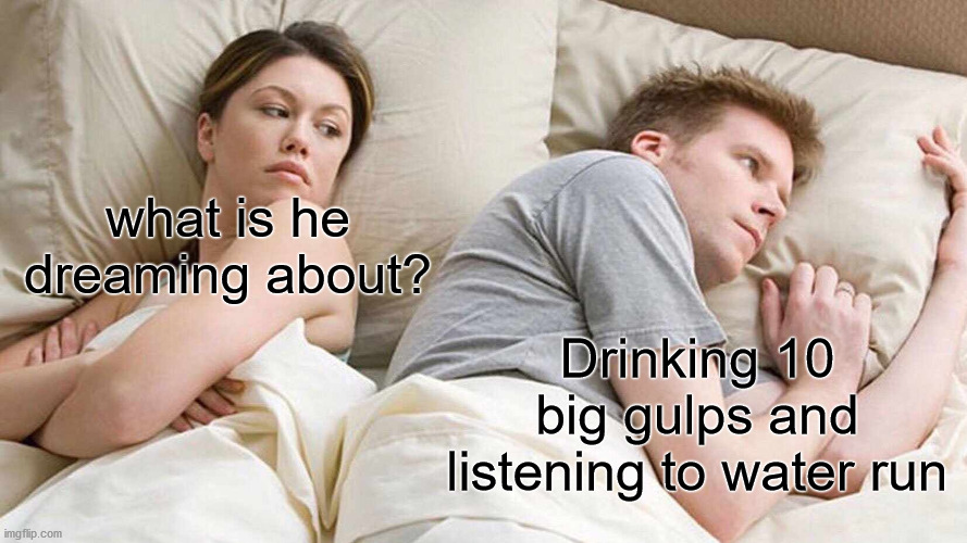 I Bet He's Thinking About Other Women Meme | what is he dreaming about? Drinking 10 big gulps and listening to water run | image tagged in memes,i bet he's thinking about other women | made w/ Imgflip meme maker