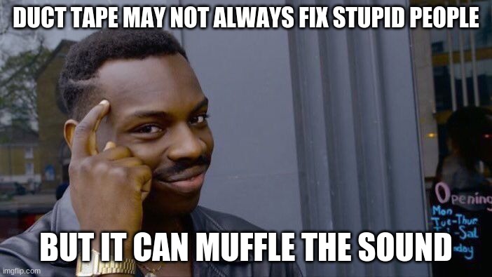 duct tape | DUCT TAPE MAY NOT ALWAYS FIX STUPID PEOPLE; BUT IT CAN MUFFLE THE SOUND | image tagged in memes,roll safe think about it,duct tape | made w/ Imgflip meme maker