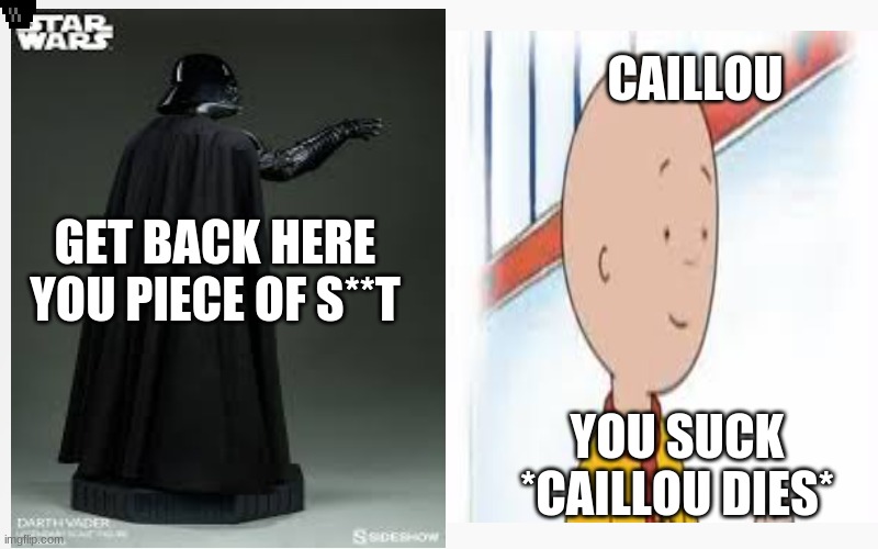 caillou is trash | CAILLOU; GET BACK HERE YOU PIECE OF S**T; YOU SUCK *CAILLOU DIES* | image tagged in death,caillou,star wars,darth vader force choke | made w/ Imgflip meme maker