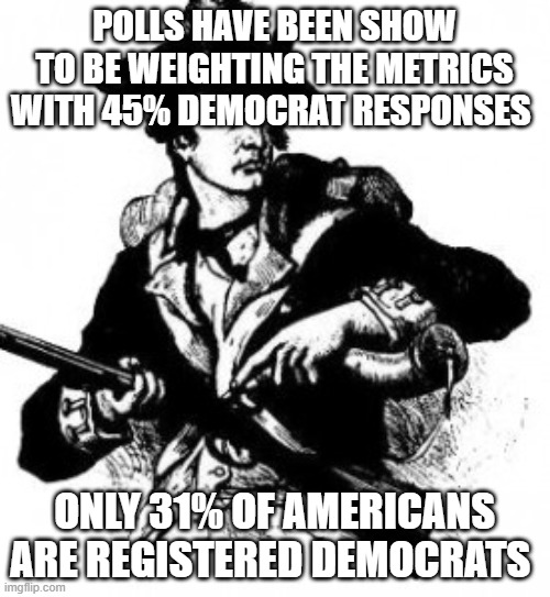 minuteman | POLLS HAVE BEEN SHOW TO BE WEIGHTING THE METRICS WITH 45% DEMOCRAT RESPONSES ONLY 31% OF AMERICANS ARE REGISTERED DEMOCRATS | image tagged in minuteman | made w/ Imgflip meme maker