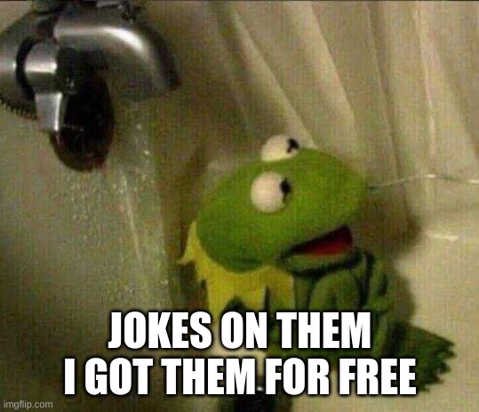 kermit crying terrified in shower | JOKES ON THEM I GOT THEM FOR FREE | image tagged in kermit crying terrified in shower | made w/ Imgflip meme maker
