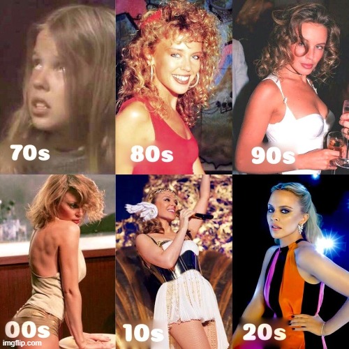 [5 decades: Only mild aging indicated] | image tagged in kylie through the years,growing up,growing older | made w/ Imgflip meme maker