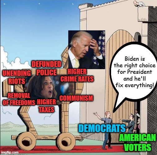 A vote for Joe, is a vote for, uh,... you know,.. the stuff... | Biden is the right choice for President and he'll fix everything! DEFUNDED POLICE; HIGHER CRIME RATES; UNENDING RIOTS; REMOVAL OF FREEDOMS; COMMUNISM; HIGHER TAXES; AMERICAN VOTERS; DEMOCRATS | image tagged in trojan horse,political meme,kamala harris,joe biden,democrats | made w/ Imgflip meme maker