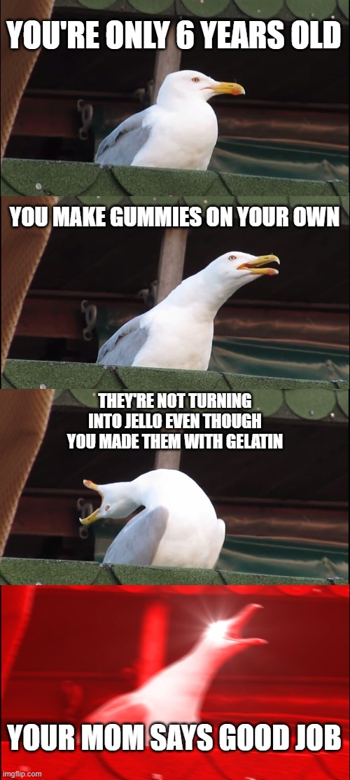 Inhaling Seagull Meme | YOU'RE ONLY 6 YEARS OLD; YOU MAKE GUMMIES ON YOUR OWN; THEY'RE NOT TURNING INTO JELLO EVEN THOUGH YOU MADE THEM WITH GELATIN; YOUR MOM SAYS GOOD JOB | image tagged in memes,inhaling seagull | made w/ Imgflip meme maker