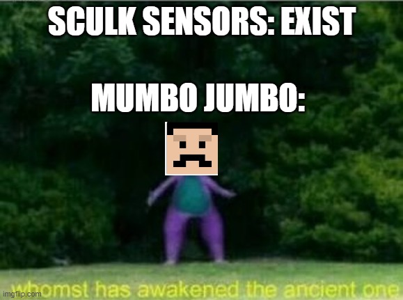 Whomst has awakened the ancient one | SCULK SENSORS: EXIST; MUMBO JUMBO: | image tagged in whomst has awakened the ancient one | made w/ Imgflip meme maker
