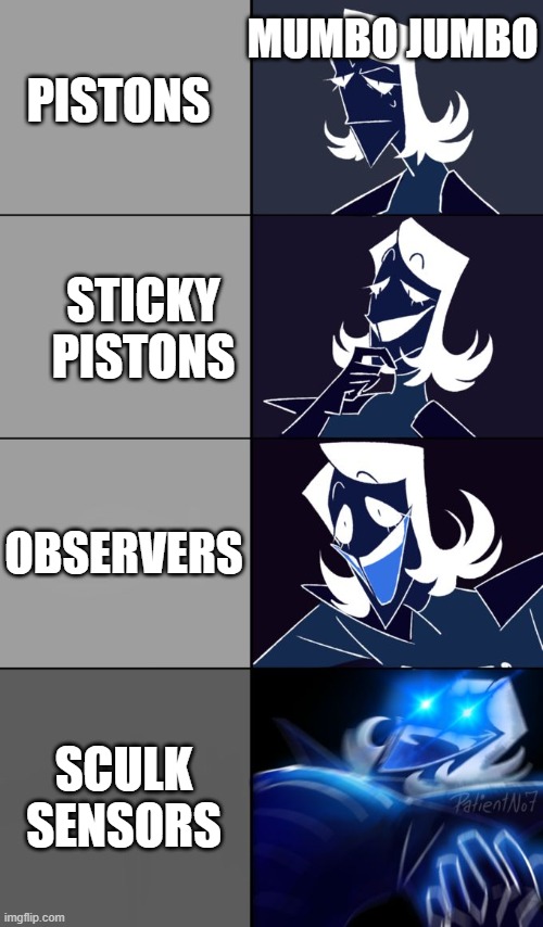 mumbo jumbo be like | MUMBO JUMBO; PISTONS; STICKY PISTONS; OBSERVERS; SCULK SENSORS | image tagged in rouxls kaard | made w/ Imgflip meme maker